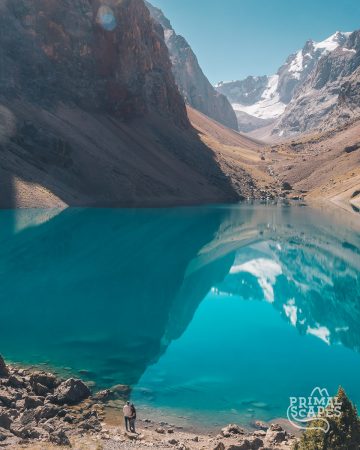 Snow-capped peaks reflecting in Big Allo Lake